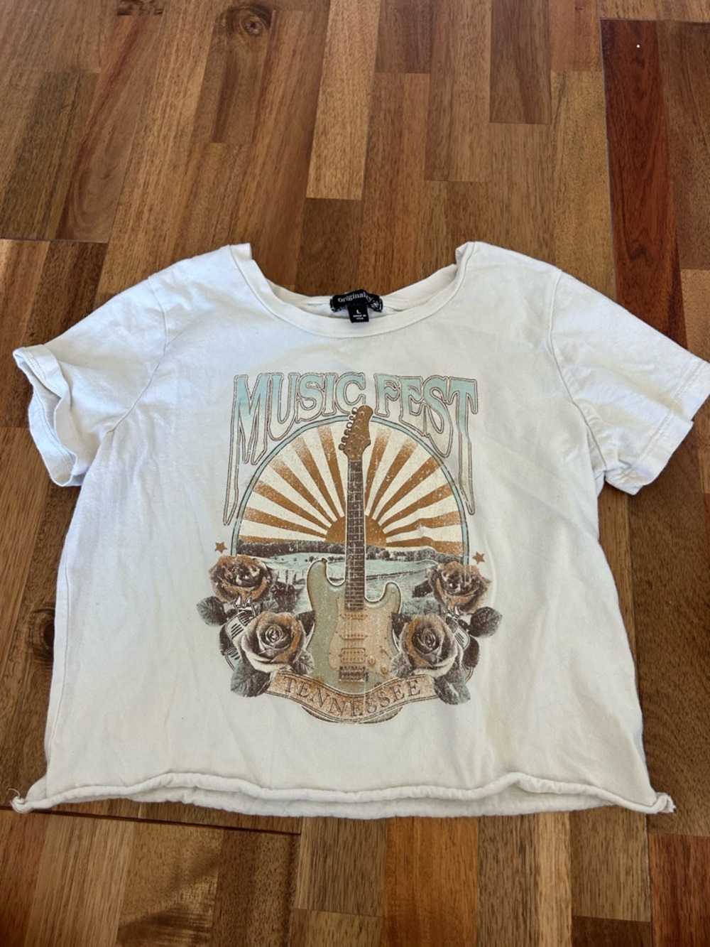 Music Fest Graphic Tee with Guitar and Roses - White